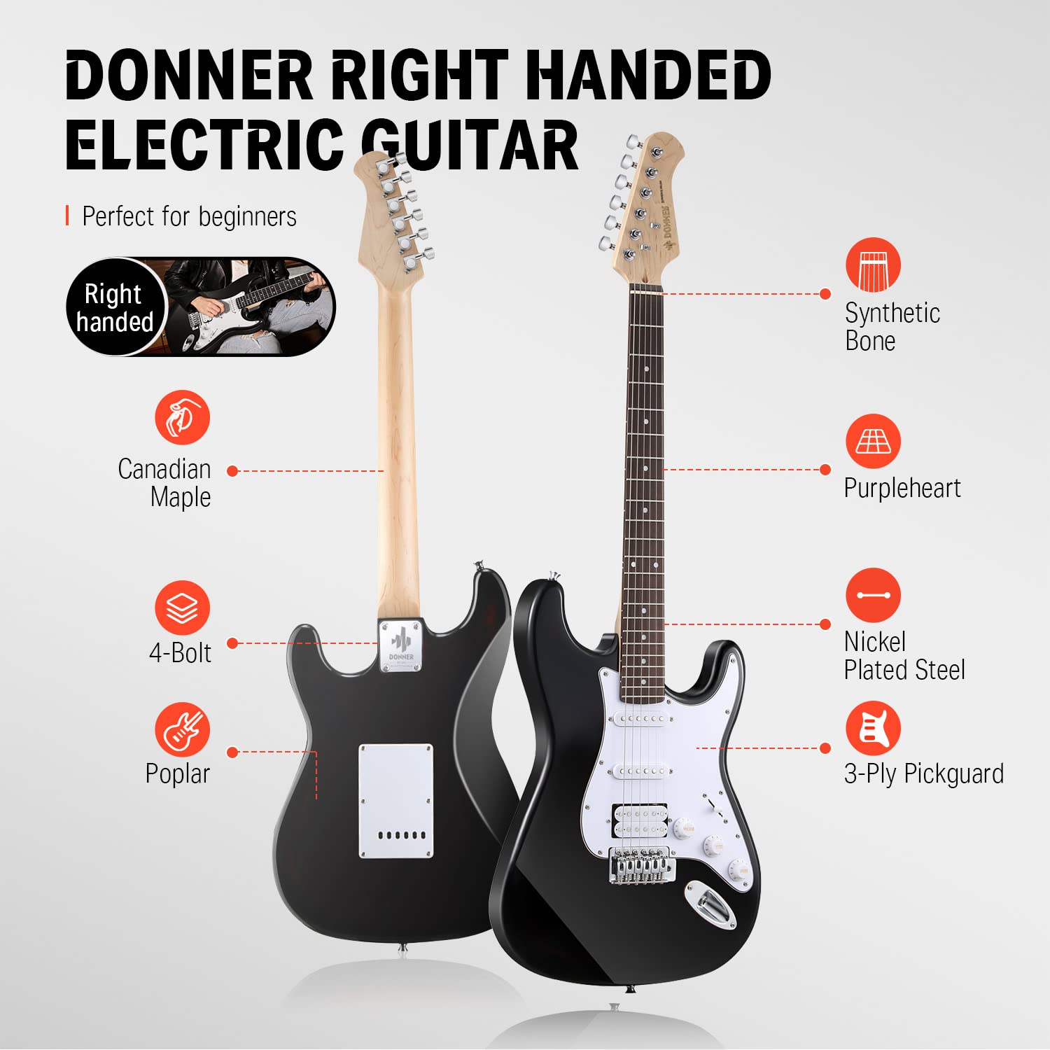 Donner DST-100B 39 Inch Electric Guitar Beginner Kit Solid Body Full Size Black HSS for Starter, with Amplifier, Bag, Digital Tu